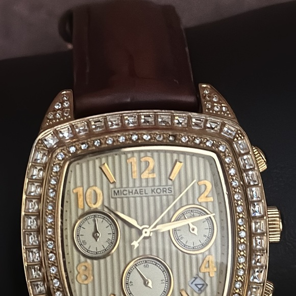 Michael Kors MK 5106 Gold Bling Watch with Genuine Leather Brown Band - Picture 6 of 12